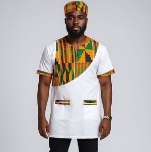 African Print White Dashiki trimmed in in Kente